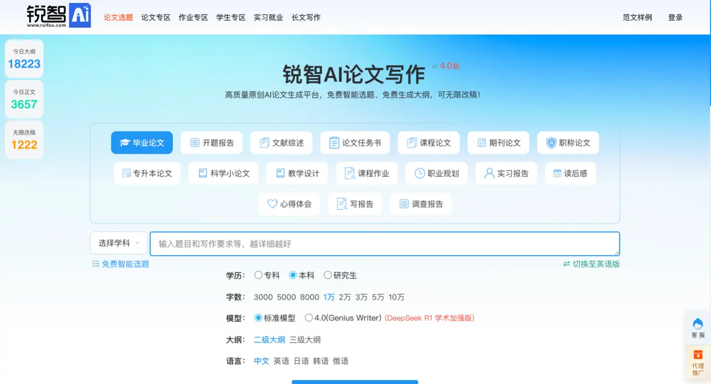 锐智AI论文写作,一键原创生成